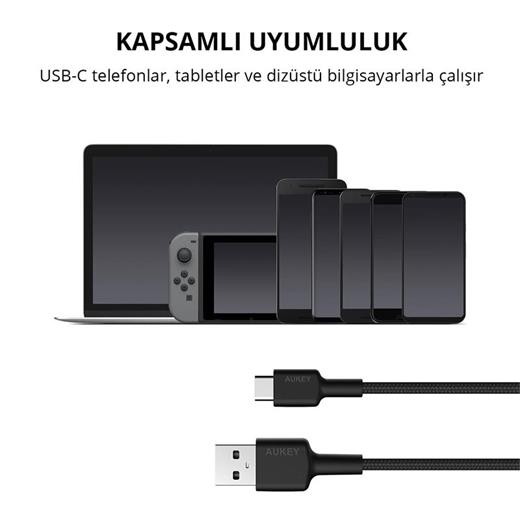 Aukey Cb-Cd30-Bk Naylon Örgülü Usb-A Type-C Şarj Kablosu 0.9Mt 