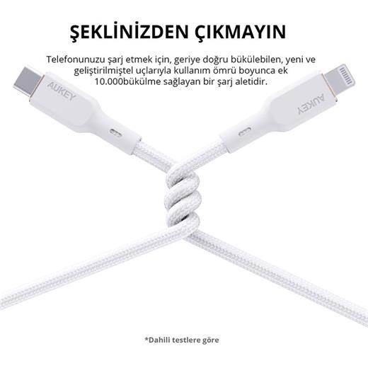 Aukey Cb-Ncl1-Wh Naylon Örgülü 3A 480Mbps Type-C Lıghtnıng Kablosu 1.8Mt 