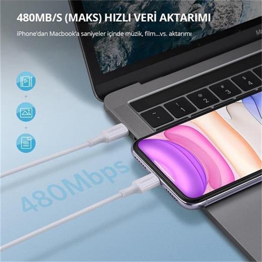 Ugreen Type-C To Lıghtnıng 3A Pd Mfi Sertifikalı Hızlı Şarj Kablosu (10493) 1 Mt Beyaz  