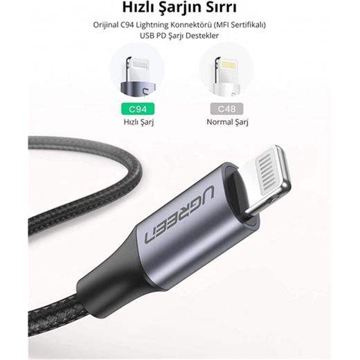 Ugreen Type-C To Lıghtnıng 3A Pd Mfi Sertifikalı Örgülü Hızlı Şarj Kablosu 1 Mt Siyah 60759 