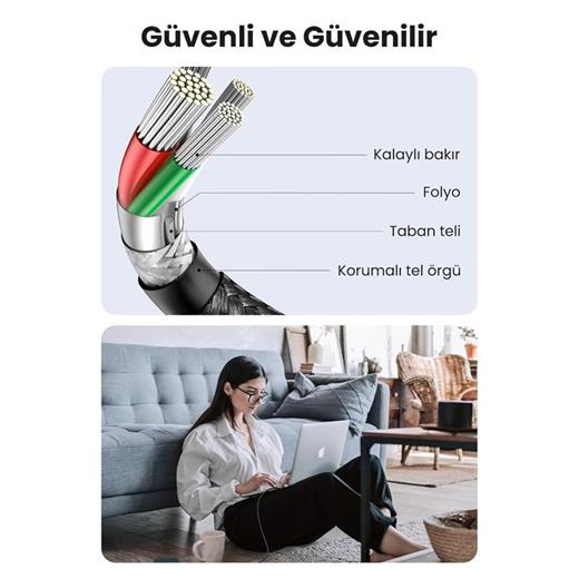 Ugreen Usb-C 60W 3A Qc Pd Örgülü Hızlı Şarj Kablosu 2 Mt Siyah 50152 