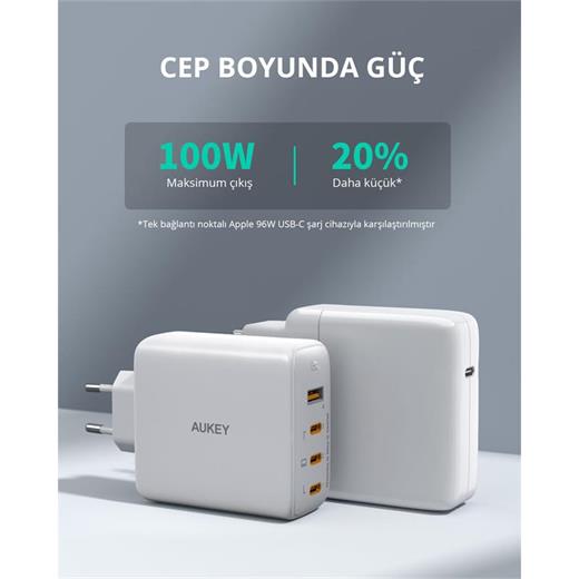 Aukey Pa-B7S-Wh 100W Dört Bağlantı Noktalı Pd Gan Duvar Şarj Cihazı 