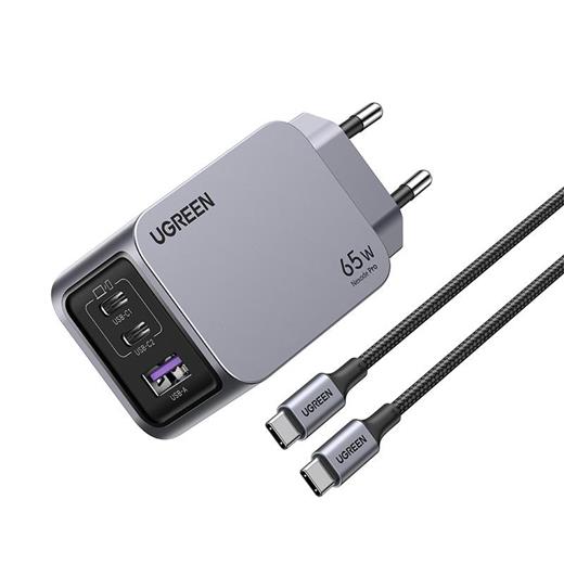 Ugreen Nexode Pro 65W Gan Hızlı Şarj Cihazı Type-C Qc Pd 2Xusb-C 1Xusb-A Uzay Grisi 25871 