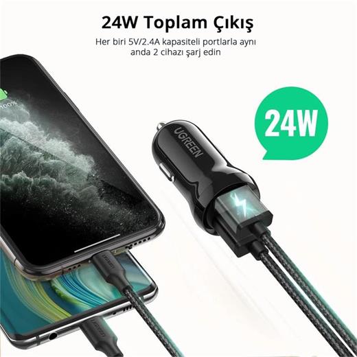 Ugreen 24W Araç Çakmaklık Şarj Cihazı 2Xusb-A Siyah 50875 