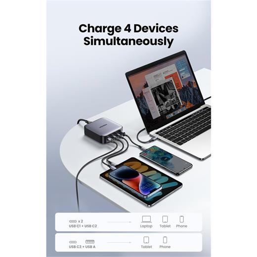 Ugreen Nexode 100W Gan Masaüsü Hızlı Şarj Cihazı Type-C Qc Pd 4 Portlu 3Xusb-C 1Xusb-A Gri 90928 